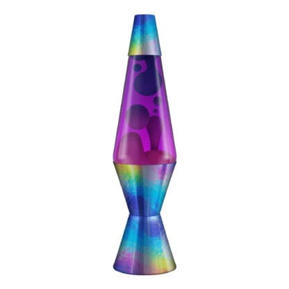 A vibrant Lava Lamp with a purple liquid background and colorful blobs slowly moving inside. The base and top of the lamp have a rainbow-hued, iridescent finish, adding to the retro and psychedelic aesthetic.