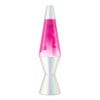 A Lava Lamp with a painted opalescent pearl base and cap, featuring pink liquid inside. The white globs are floating and forming various shapes within the transparent glass container.